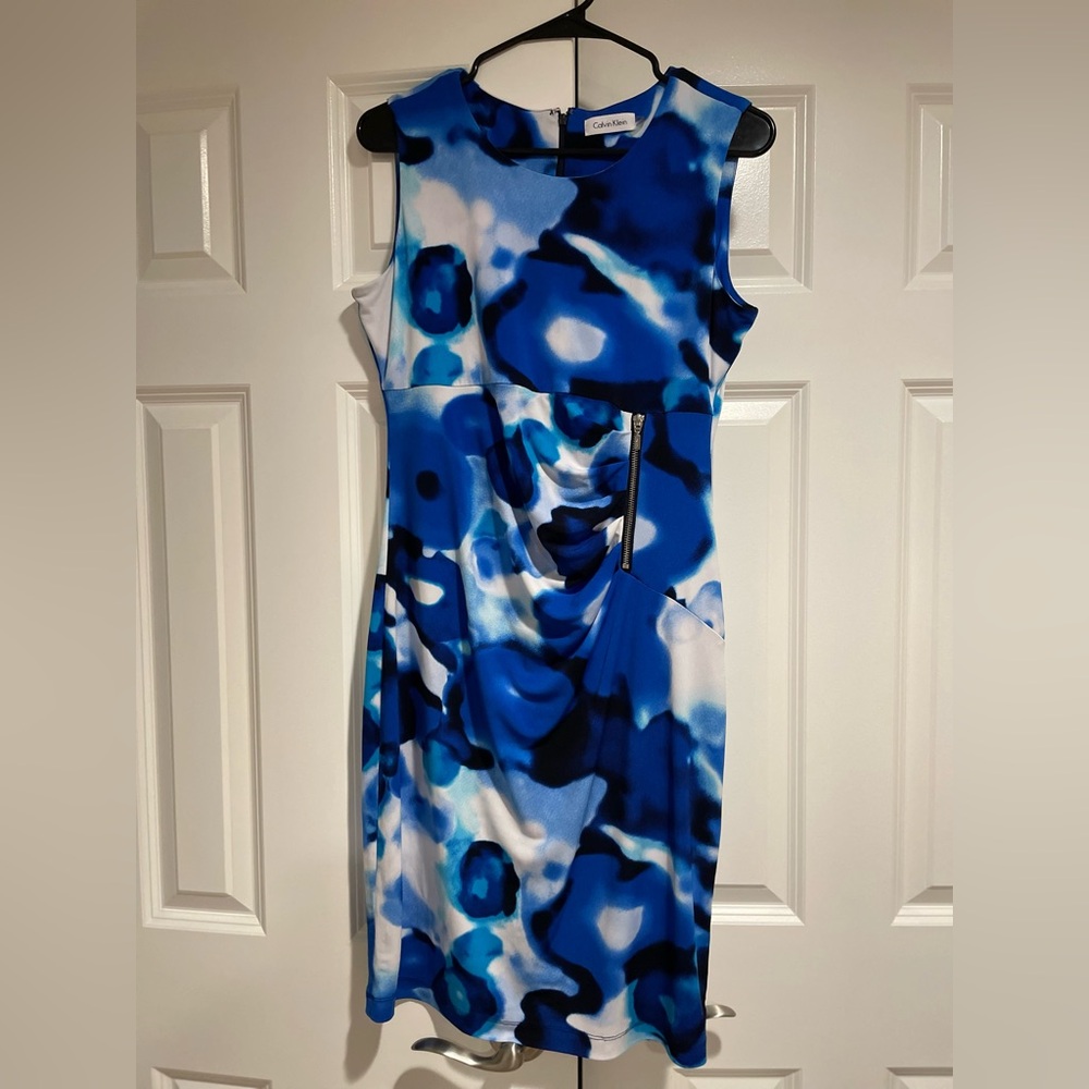 Calvin Klein Blue, Navy and White Abstract Midi Sheath Dress